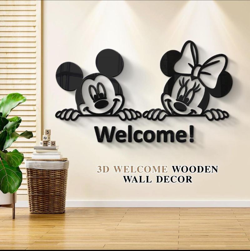 3D Mickey Minnie Mouse Black Wooden Welcome Wall Art Decor