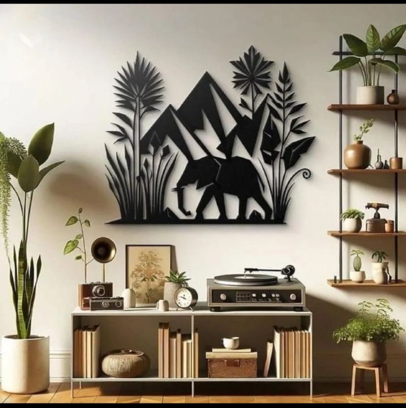 Forest Mountain Elephant Black Wooden Wall Art