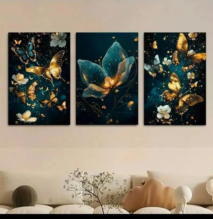 Set of 3 Teal Floral Butterflies Wall Frames