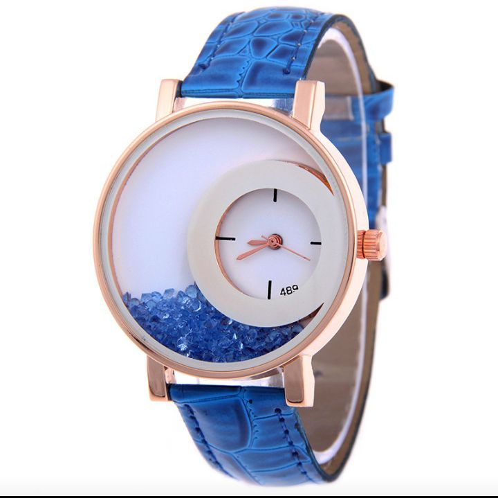 Creative Quicksand Rhinestone Watch – Floating Crystal Dial with Leather Strap ((Blue))