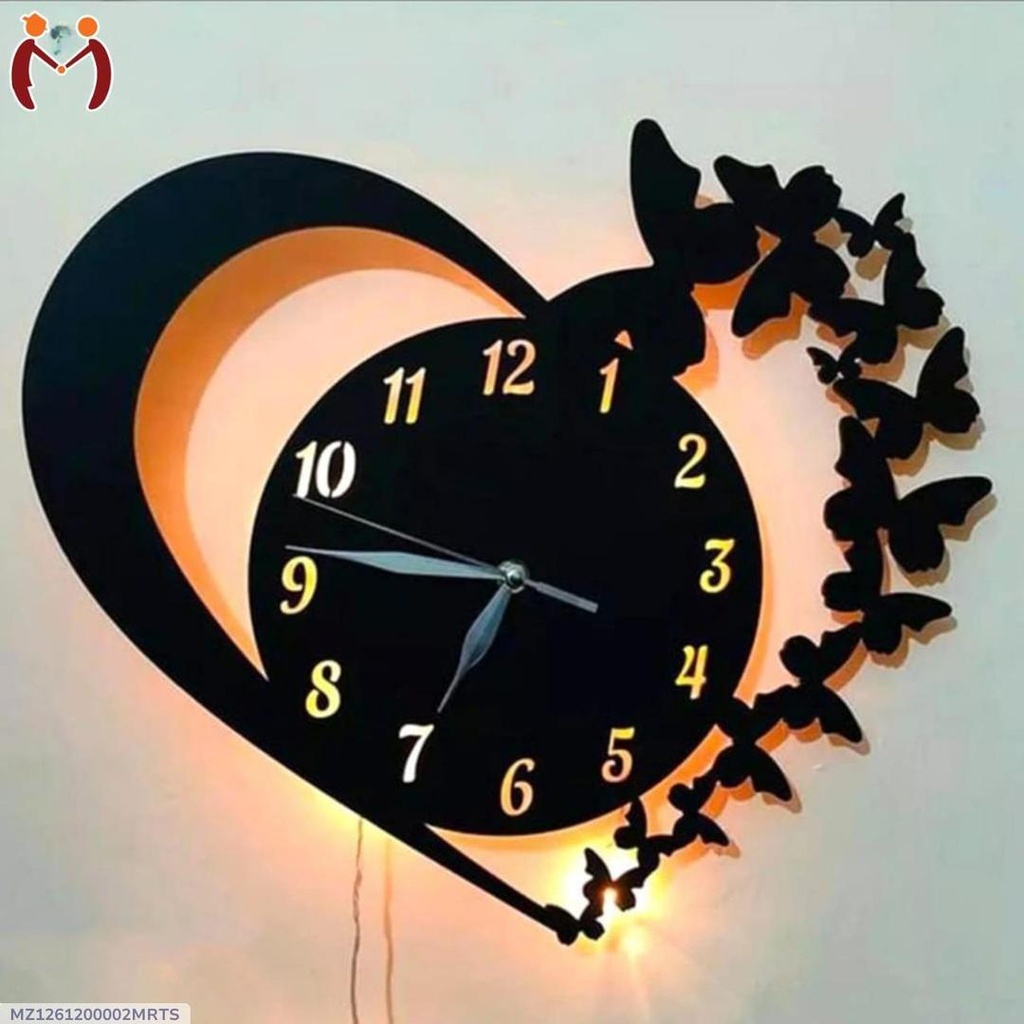 Wooden Heart Butterfly Wall Clock – Stylish Black Analogue Decor