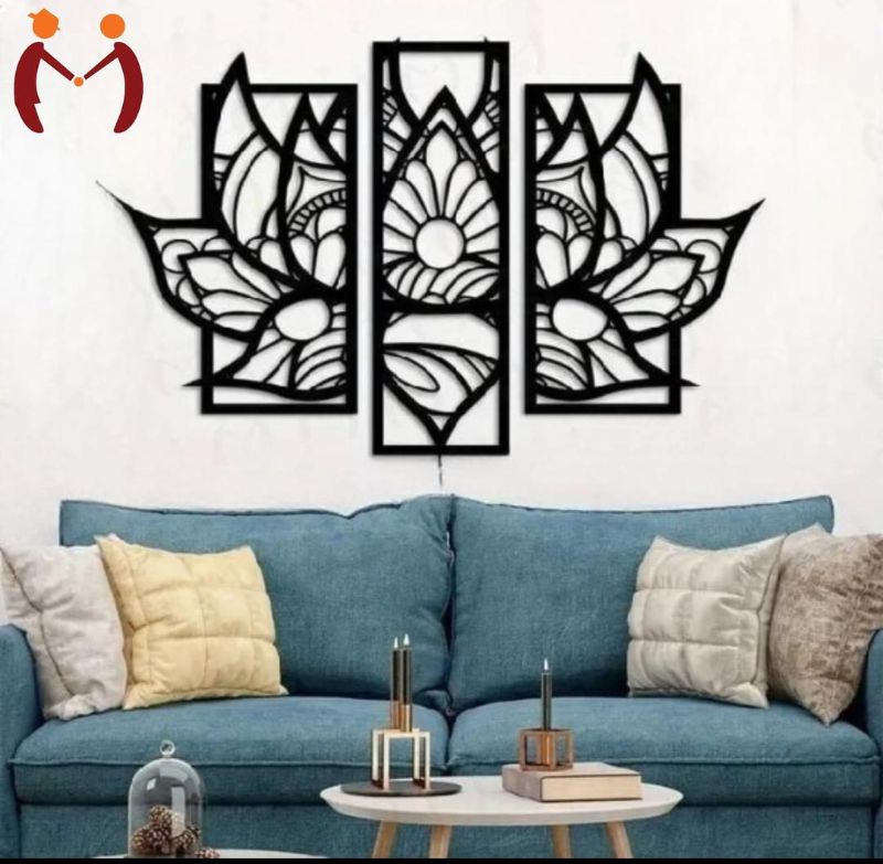 Laser Cut Lotus Wall Art Set – 3 Pcs Black Wooden Home Decor