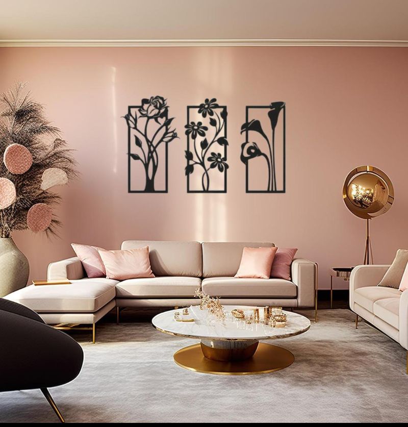 Modern Abstract Floral Wall Art Set – 3 Pcs Black MDF Wooden Decor