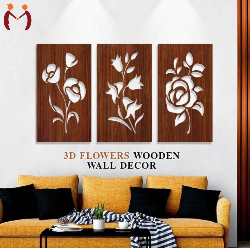 3D Floral Wall Art Set – 3 Pcs Brown MDF Wooden Decor