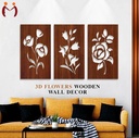 3D Floral Wall Art Set – 3 Pcs Brown MDF Wooden Decor