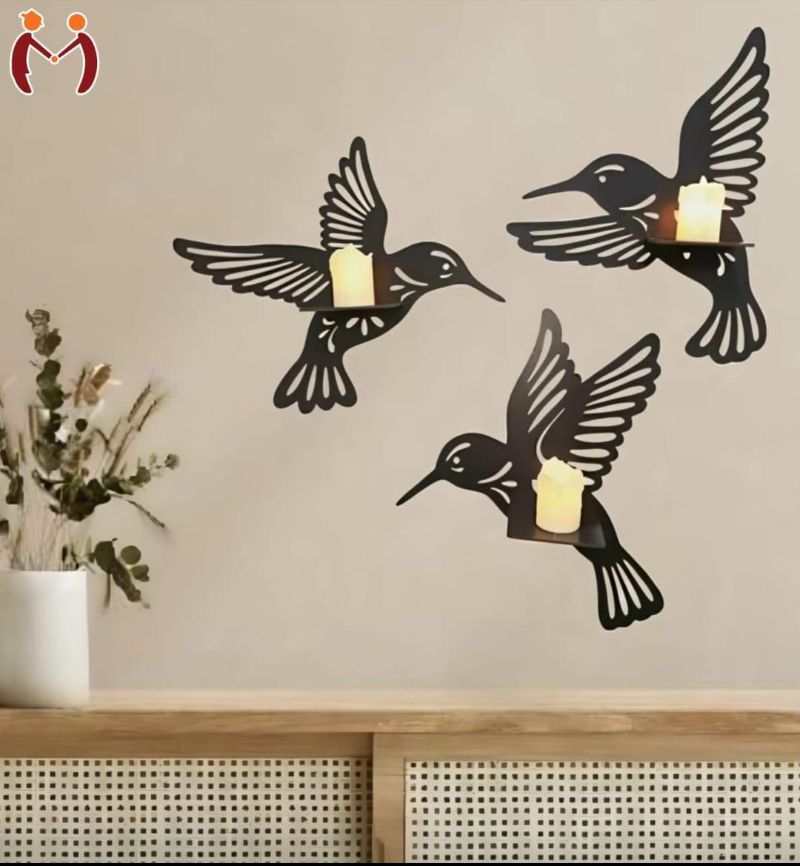 3D Hummingbird Wall Shelves Set – 3 Pcs Black Wooden Candle Holder Decor