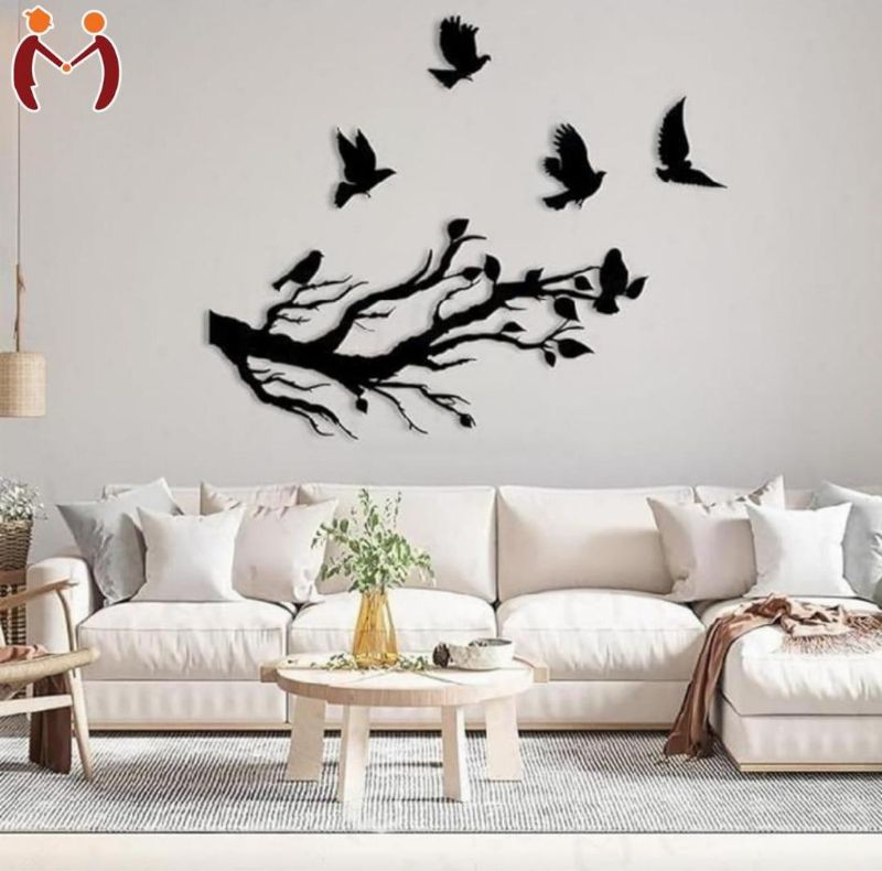 Flying Birds on Tree Branch Wall Art Set – Black 3D Wooden Decor