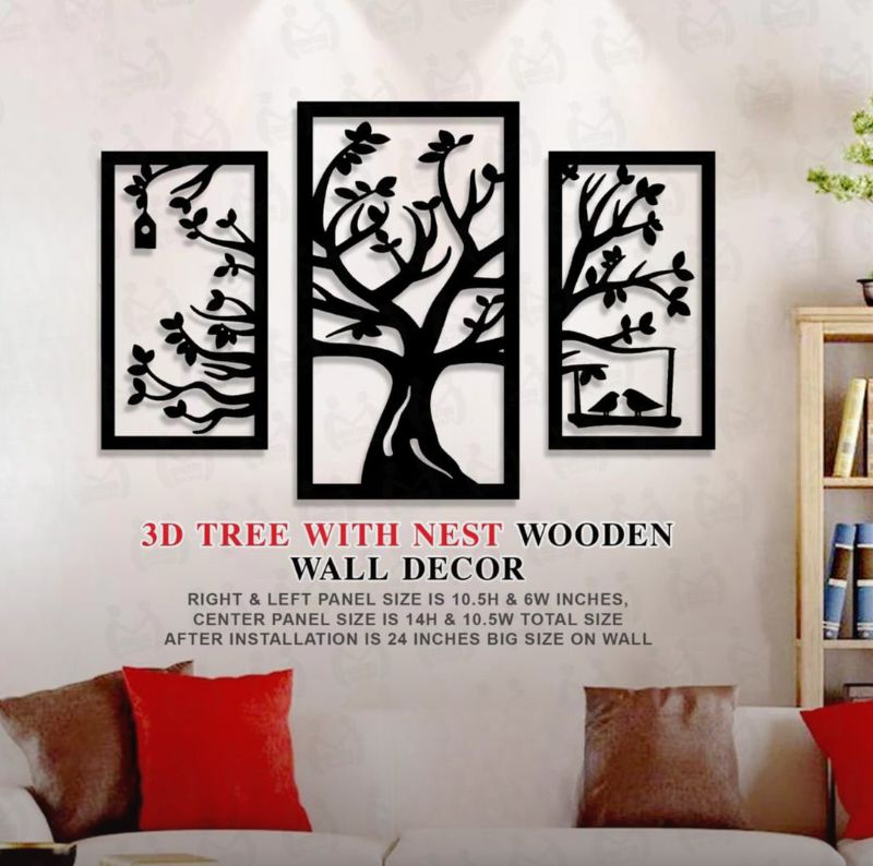 3D Tree Wall Art Set Black Wooden Panels - 3 Piece Home Decor