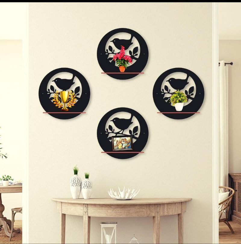 Bird Wall Shelves Set of 4 MDF Black Decor - Round Wall Art