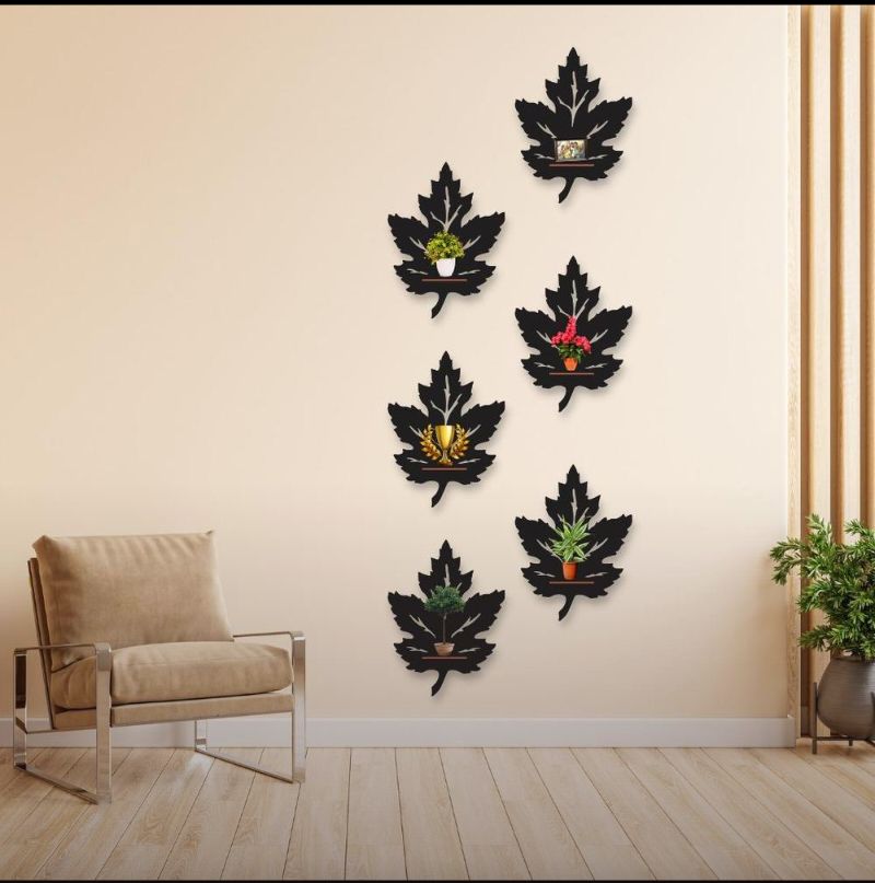 Leaf Wall Art Set of 6 Modern MDF Decor - Botanical Black Wall Hanging