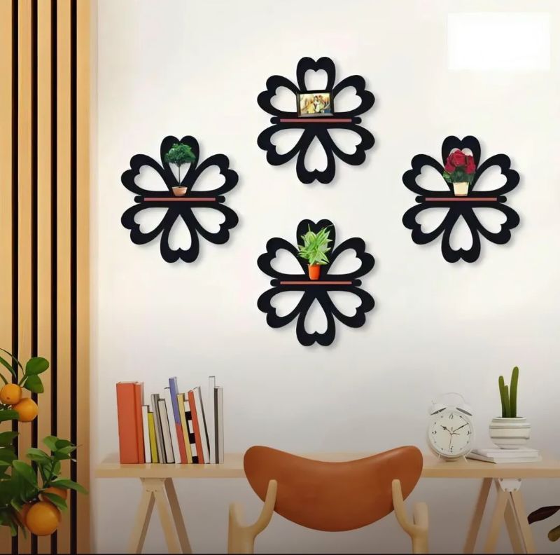Set of 4 Black Flower Wall Shelves - Modern Home Decor