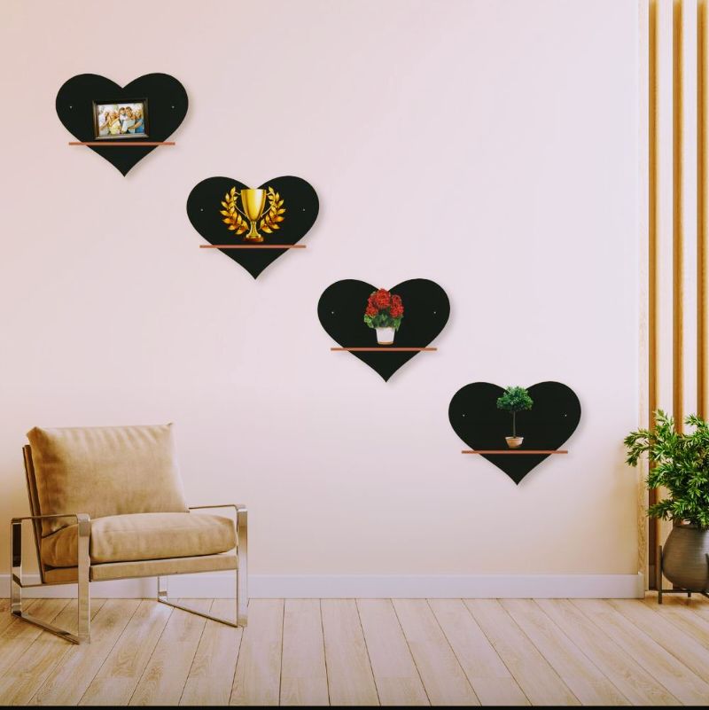 Heart Shelves Set of 4 Black MDF Wall Decor - Modern Wall Hanging