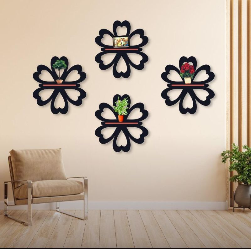 Flower Shelves Set of 4 Black MDF Wall Decor - Round Wall Hanging