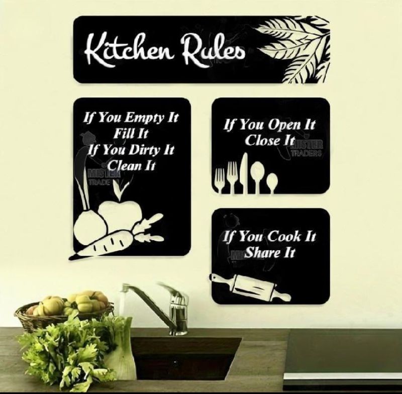 Black & White Kitchen Wall Art Set 4 Pcs MDF - Modern Frames