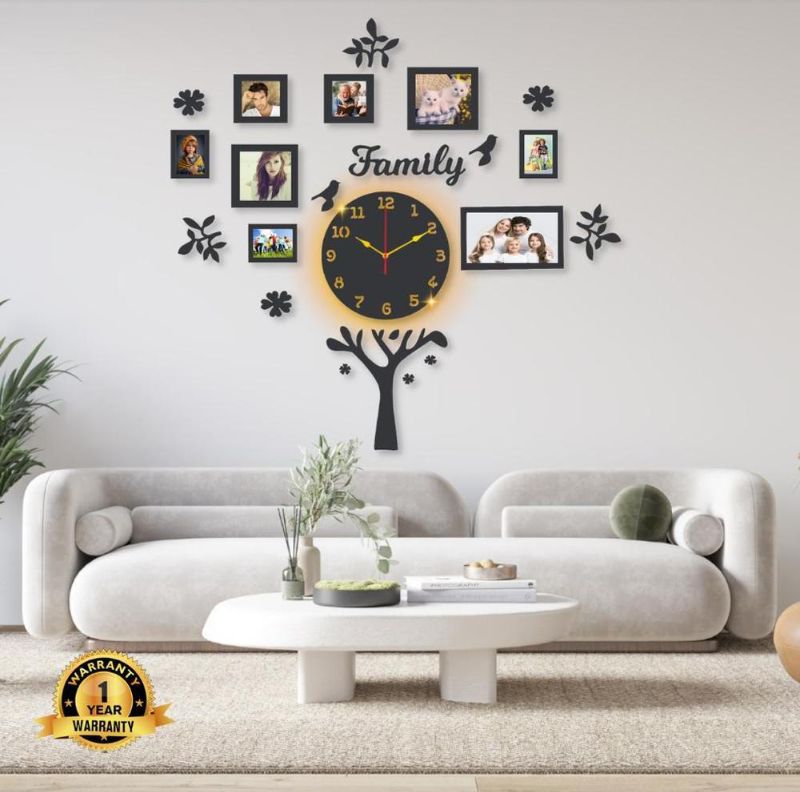 Family Tree Wall Clock with Backlight & Photo Frames - Modern Wall Decor