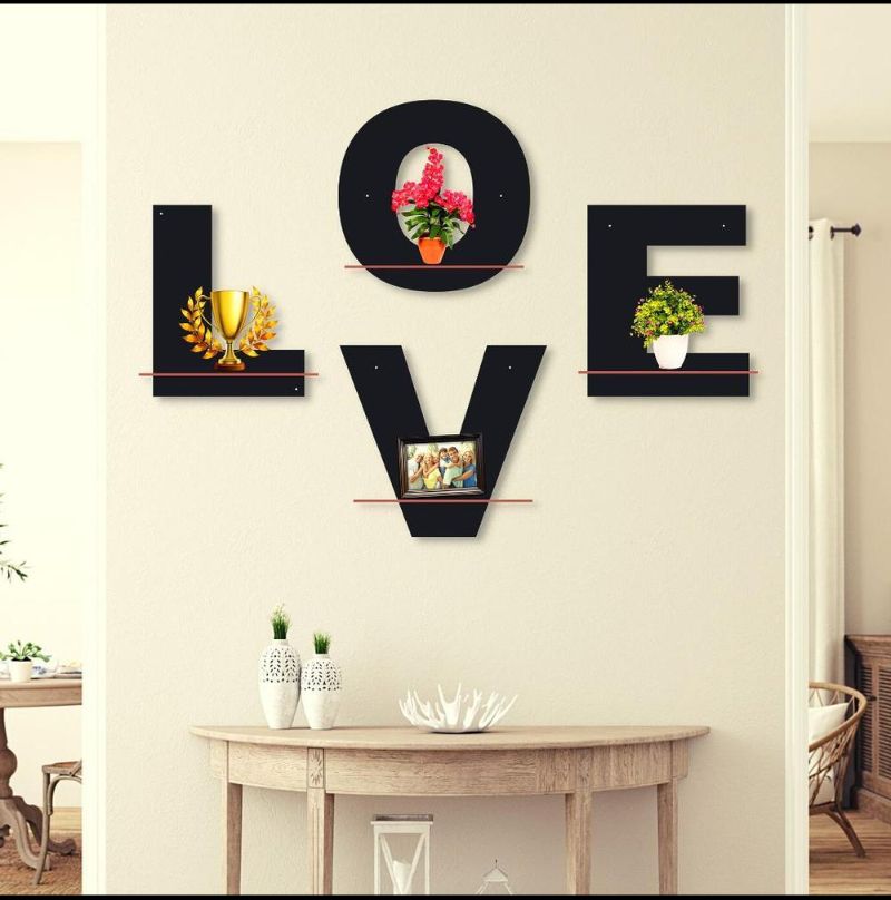 Love Wall Art Set of 4 MDF Shelves Black - Letter Decor Wall Hanging