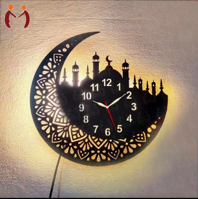 Islamic Wooden Wall Clock Crescent Moon & Mosque Design