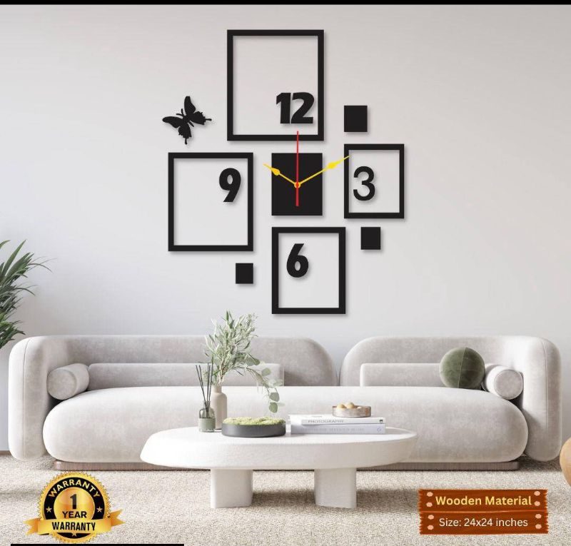 Modern 4-Frame Black MDF Wooden Wall Clock