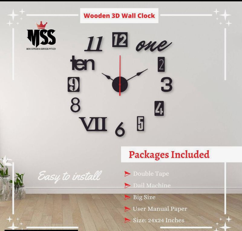3D Wooden MDF Modern Wall Clock 24x24