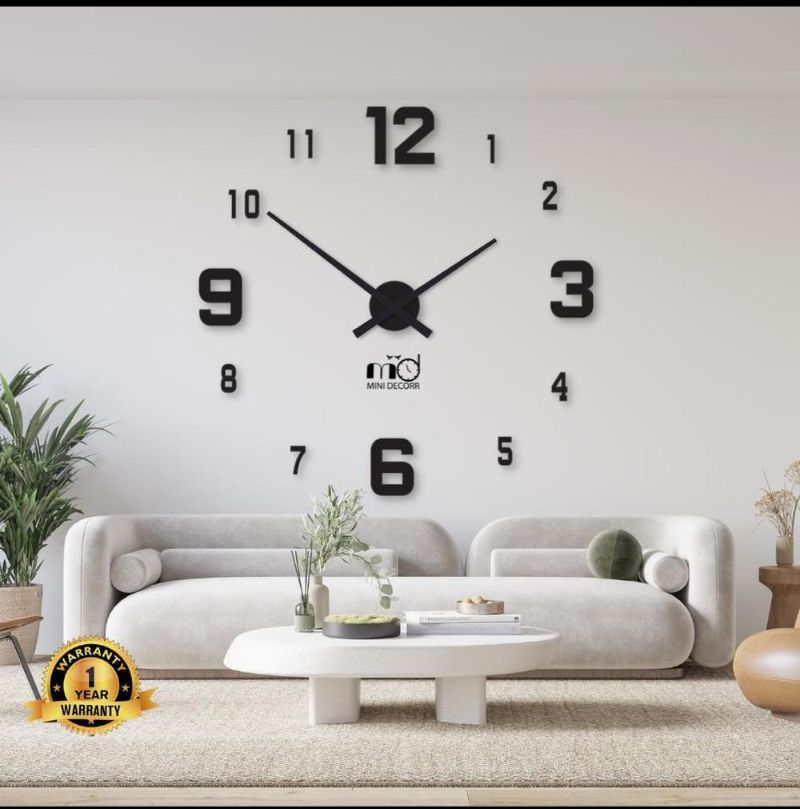 Modern Black 3D Wall Clock 24x24 for Living Room & Office