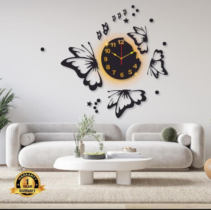 Butterfly Modern Black Gold Wall Clock with Light